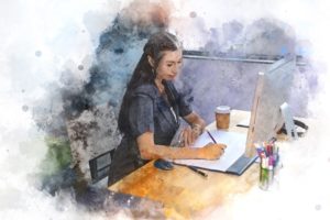 Abstract,Business,Woman,Working,On,Watercolor,Illustration,Painting,Background.